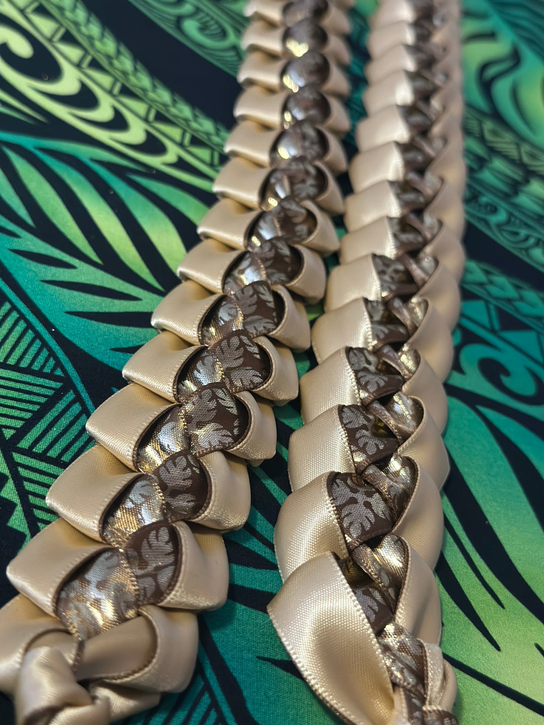 Brown & Gold Printed Ribbon Lei