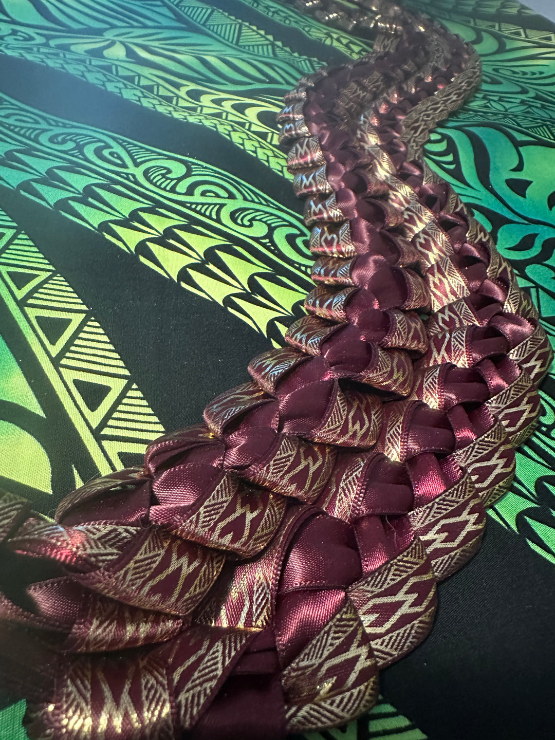 Burgundy & Gold Printed Ribbon Lei