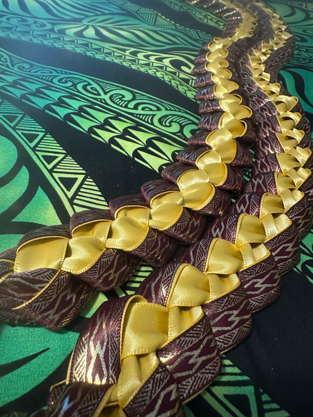 Burgundy & Gold Printed Ribbon Lei